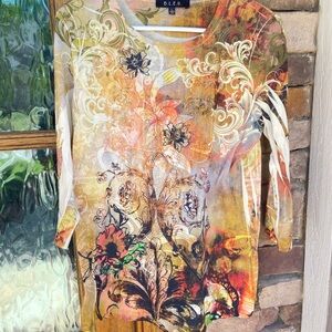 B.L.E.U. womens 3/4 sleeve shirt top bouse multi colored size：L
